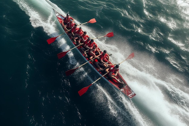 Un grupo de hombres en kayak rojo rema por el agua.