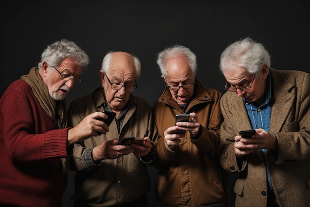 Grupo de hombres mayores mirando teléfonos inteligentes en fondo negro