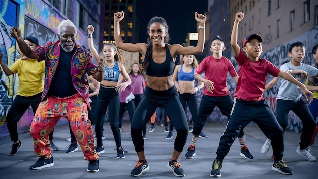 Grupo de hombres, mujeres y adolescentes bailando coreografía de hip hop