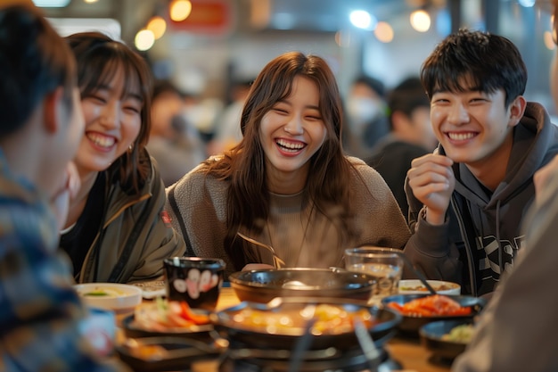 Foto un grupo de hombres y mujeres asiáticos están comiendo sukiyaki en un restaurante