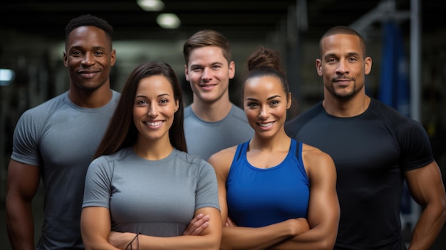 Foto grupo de hombres y mujeres atléticos de pie juntos en el fondo de un gimnasio