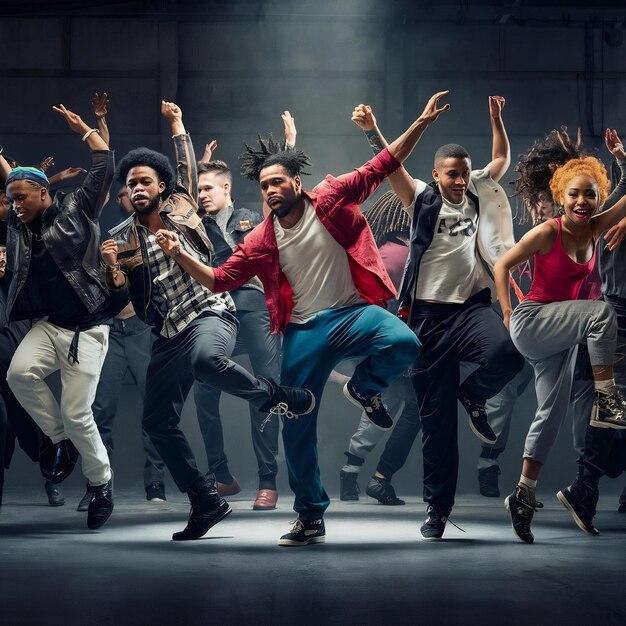 Foto grupo de hombres y mujeres bailando coreografía de hip hop