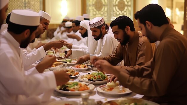 Un grupo de hombres musulmanes se sientan juntos y disfrutan del Iftar en Ramadán Ramadán Mubarak