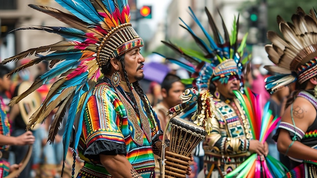 Foto un grupo de hombres nativos americanos con trajes tradicionales realizan una danza ceremonial llevan tocados de colores y llevan tambores y cascabelos
