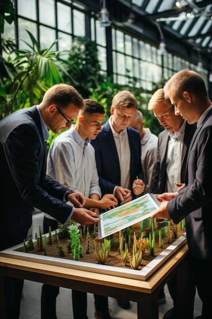 Foto un grupo de hombres de negocios están mirando un modelo de un edificio