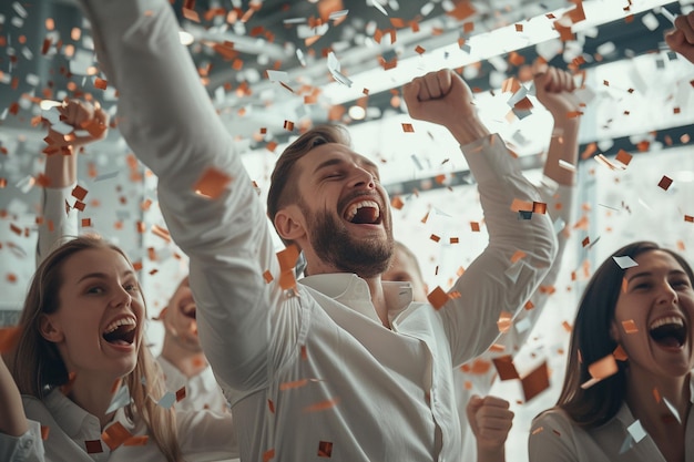 Foto un grupo de hombres de negocios felices celebrando el éxito con las manos en alto en la oficina con la ia generada