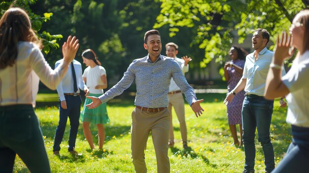 Un grupo de hombres de negocios felices están jugando un juego en el parque todos están sonriendo y riendo y divirtiéndose mucho