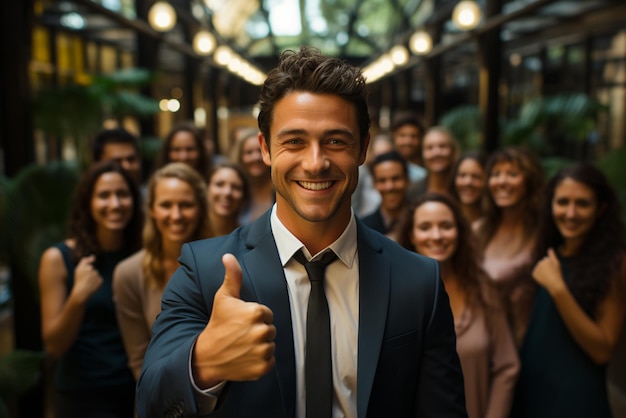 un grupo de hombres de negocios felices y mujeres de negocios vestidos con trajes están sonriendo en la oficina