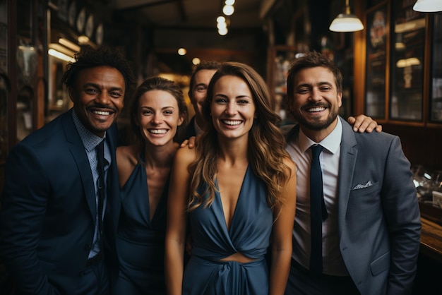 un grupo de hombres de negocios felices y mujeres de negocios vestidos con trajes están sonriendo en la oficina