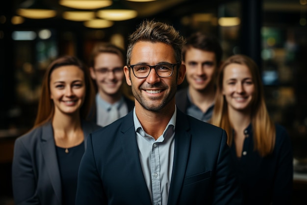 un grupo de hombres de negocios felices y mujeres de negocios vestidos con trajes están sonriendo en la oficina