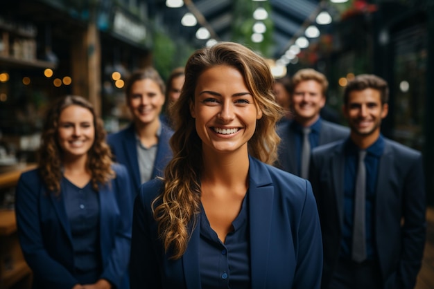 un grupo de hombres de negocios felices y mujeres de negocios vestidos con trajes sonríen en la oficina