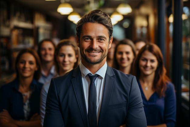 un grupo de hombres de negocios felices y mujeres de negocios vestidos con trajes sonríen en la oficina