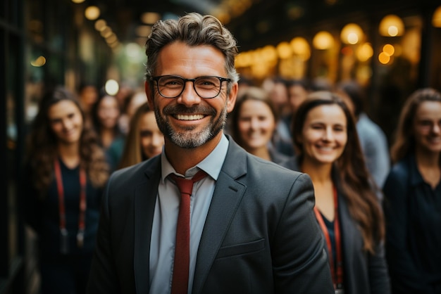 un grupo de hombres de negocios felices y mujeres de negocios vestidos con trajes sonríen en la oficina