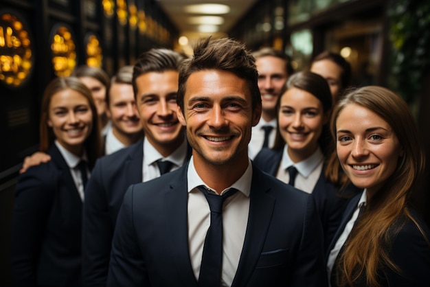un grupo de hombres de negocios felices y mujeres de negocios vestidos con trajes sonríen en la oficina