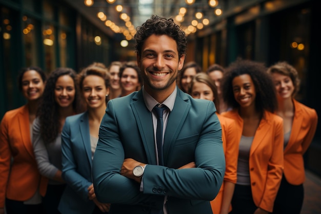 un grupo de hombres de negocios felices y mujeres de negocios vestidos con trajes sonríen en la oficina