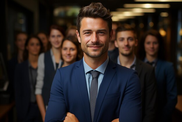 un grupo de hombres de negocios felices y mujeres de negocios vestidos con trajes sonríen en la oficina