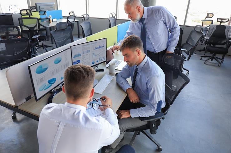 Foto grupo de hombres de negocios jóvenes en ropa formal que trabajan usando computadoras mientras están sentados en la oficina.