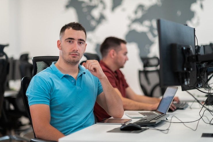 Foto grupo de hombres de negocios ocasionales que trabajan en una computadora de escritorio en el moderno interior de la oficina de inicio de planta abierta. enfoque selectivo. foto de alta calidad