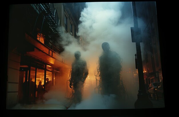 un grupo de hombres en la niebla con la palabra humo en la parte inferior