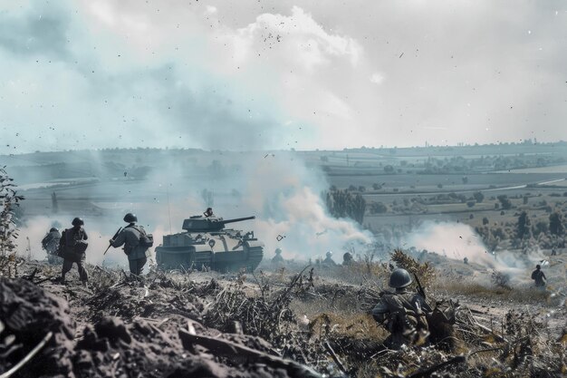 Un grupo de hombres de pie al lado de un tanque