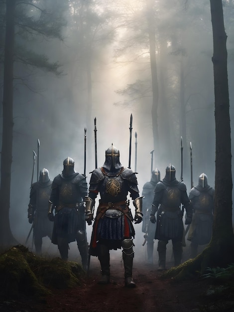 Un grupo de hombres de pie en un bosque de niebla