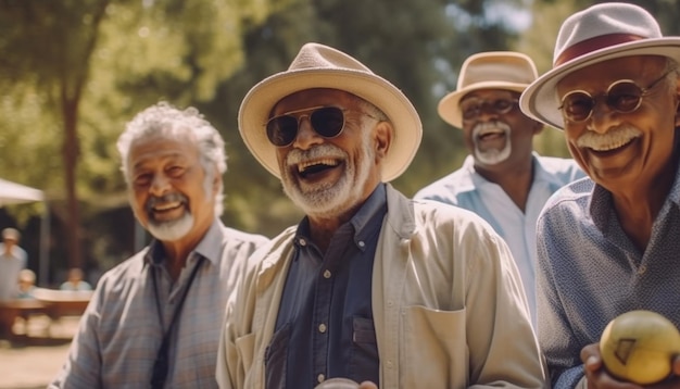 Un grupo de hombres riendo y riendo en un parque.