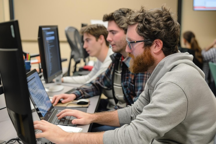 Foto un grupo de hombres sentados frente a las computadoras portátiles