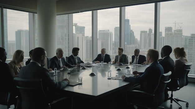 Un grupo de hombres se sienta alrededor de una mesa en una sala de reuniones, con el horizonte de la ciudad de fondo.