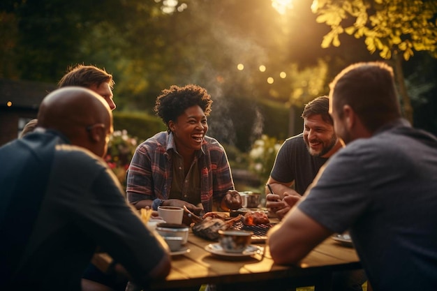 Un grupo de hombres se sienta en una mesa con un grupo de hombres comiendo.