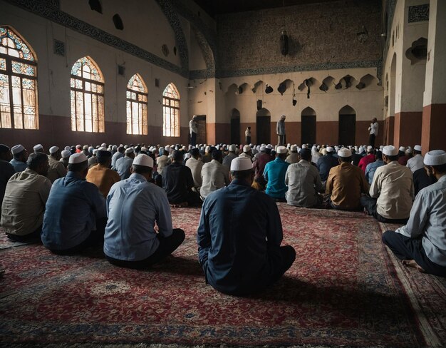 Foto un grupo de hombres se sientan en una mezquita con la cabeza hacia abajo