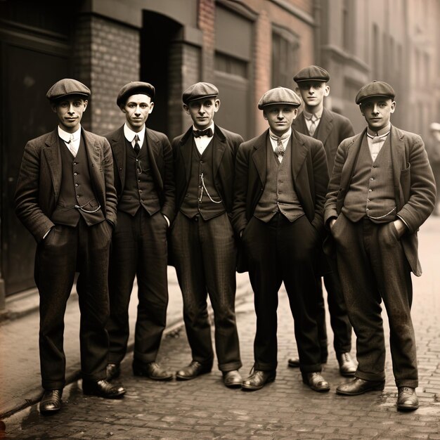 Foto un grupo de hombres con sombreros y corbatas están de pie en una calle