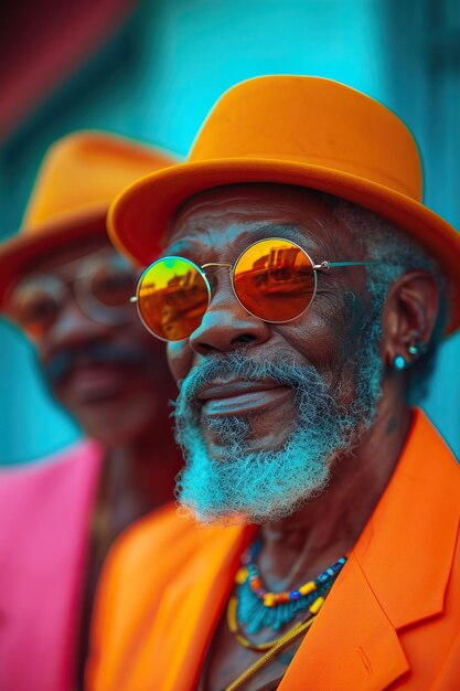 un grupo de hombres con sombreros y gafas de sol naranja