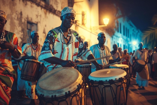 un grupo de hombres tocando tambores en una calle