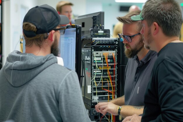 Un grupo de hombres trabajando en una computadora