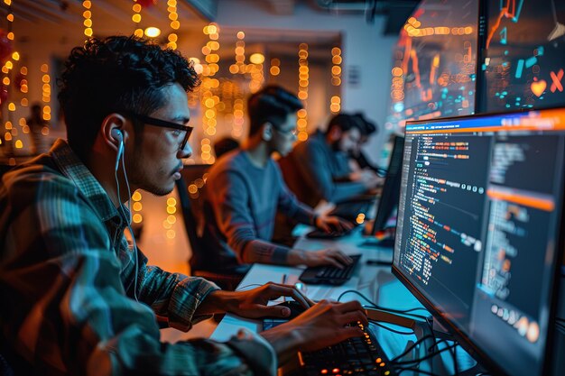 Un grupo de hombres trabajando en computadoras en una habitación