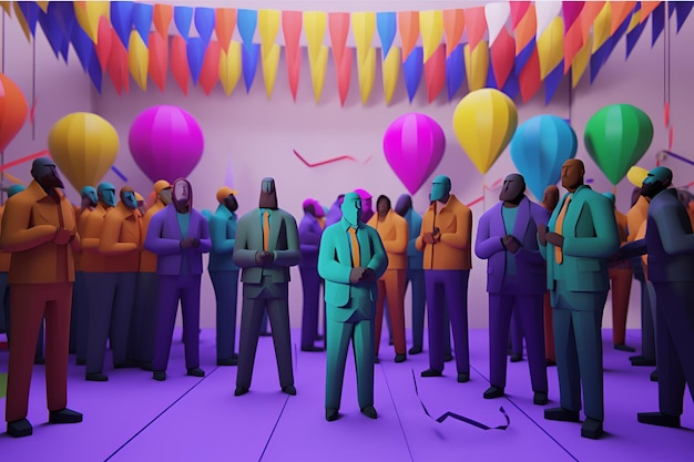 Foto un grupo de hombres con trajes coloridos se paran en una habitación con globos y globos.