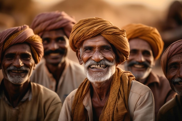 Un grupo de hombres con turbantes y uno tiene un turbante amarillo en la  cabeza.