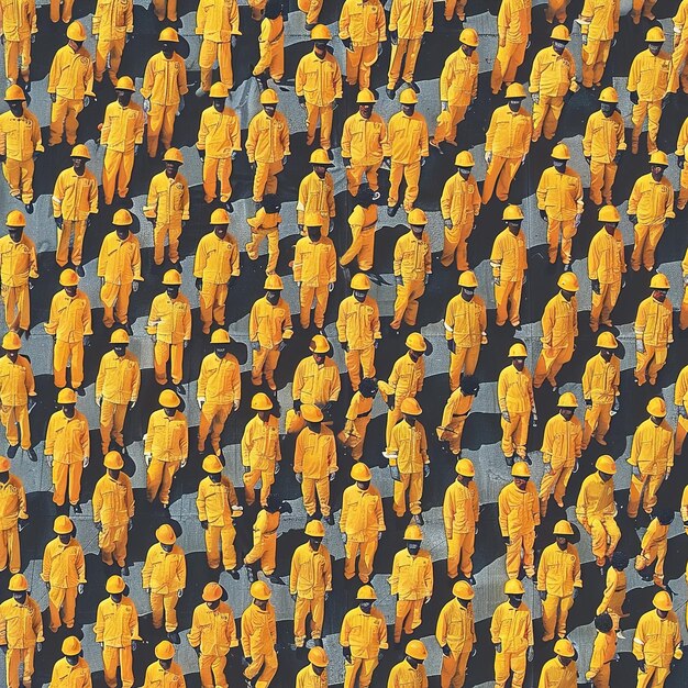 Foto un grupo de hombres en uniformes amarillos de pie en una línea