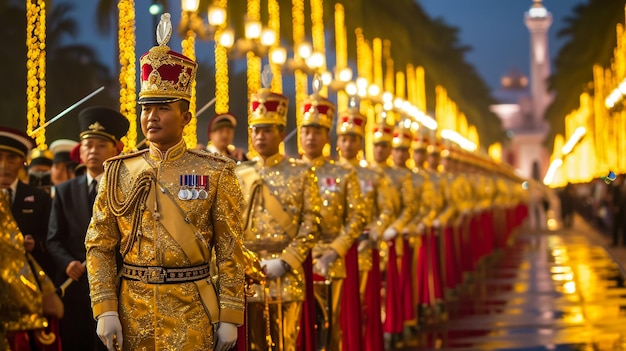 un grupo de hombres con uniformes dorados y las palabras el rey en el frente