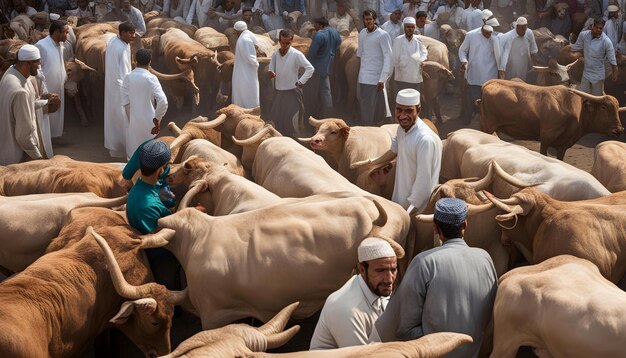 Foto un grupo de hombres y vacas están caminando en una línea con un hombre con una camisa blanca