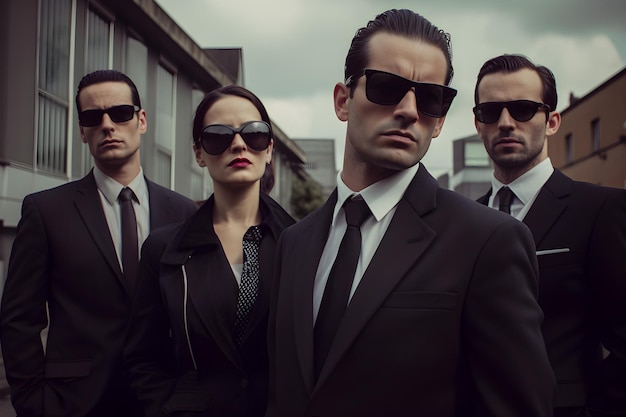 Foto un grupo de hombres vestidos de negro se paran frente a un edificio.