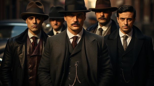 Foto grupo de hombres vestidos con trajes vintage al estilo de la mafia de pie en un entorno urbano