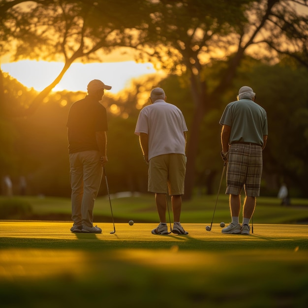 Un grupo de hombres viejos de cabello gris juegan al golf al atardecer en el campo