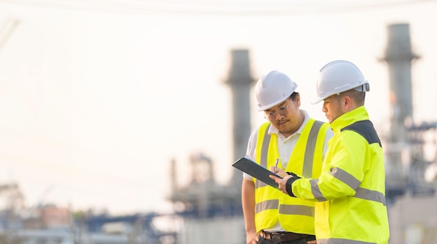 Grupo homem asiático engenheiro petroquímico trabalhando em refinaria de petróleo e gás fábrica de indústria de plantas trabalhador do povo homem engenheiro controle de trabalho em usina de energia indústria de fabricação