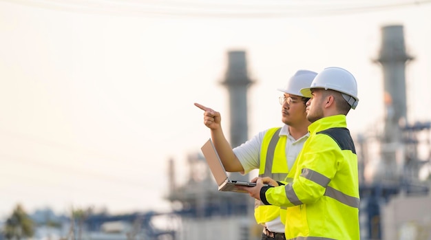 Grupo homem asiático engenheiro petroquímico trabalhando em refinaria de petróleo e gás fábrica de indústria de plantas trabalhador do povo homem engenheiro controle de trabalho em usina de energia indústria de fabricação