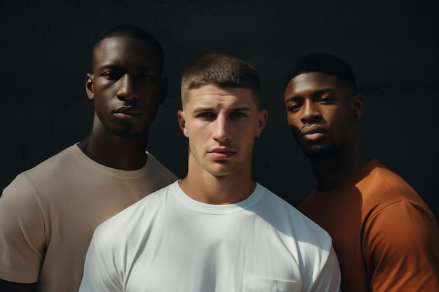 Grupo homens modernos pessoas moda estréia em pé equipe de construção de retrato dois camiseta esporte branco preto