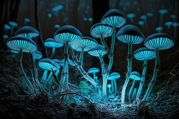 Grupo de hongos bioluminiscentes que crecen en un extraño bosque extraterrestre ilustración generativa ai