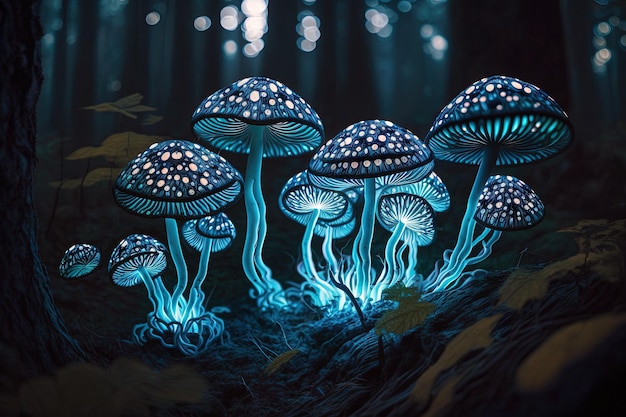 Grupo de hongos bioluminiscentes que crecen en un extraño bosque extraterrestre ilustración generativa ai