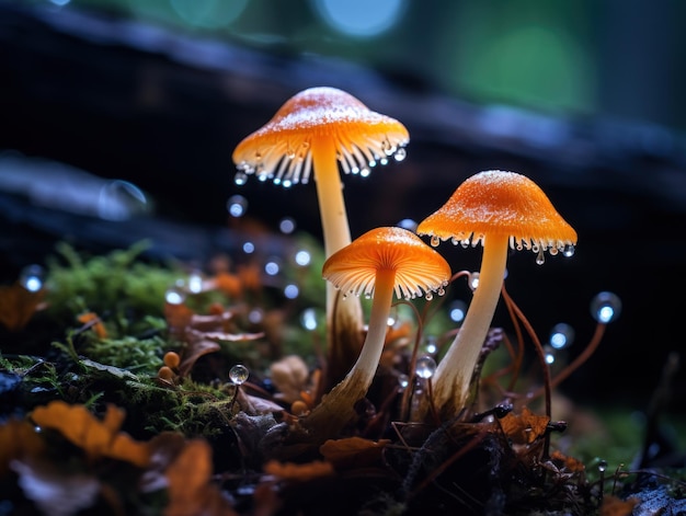 un grupo de hongos con gotas de agua sobre ellos