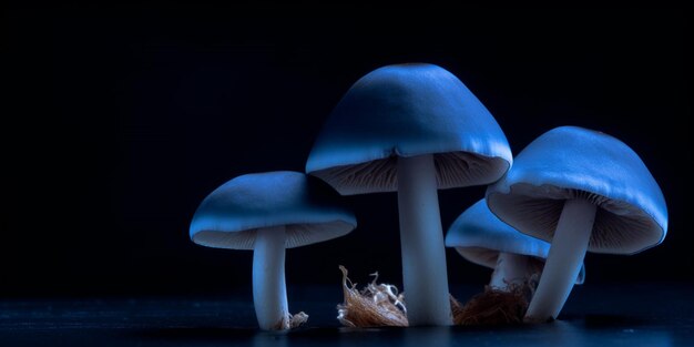 Un grupo de hongos se muestra sobre un fondo oscuro.